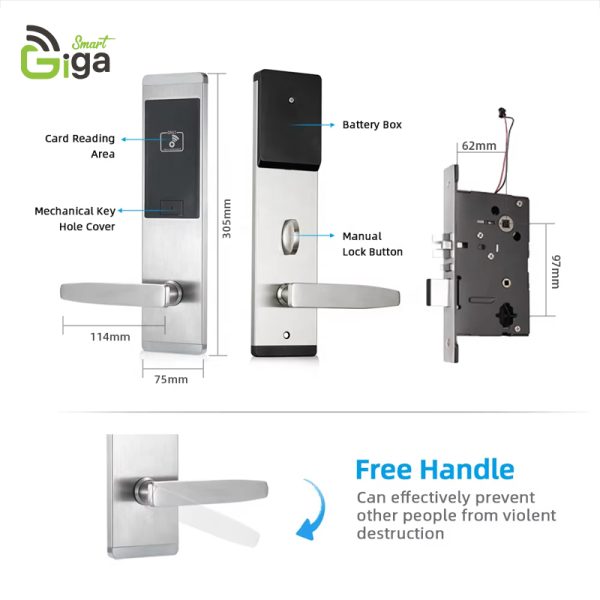 Giga Smart Steel Mortise Hotel Door Lock – Fingerprint, Keypad, RFID (Handle Mortise Lock)- H1 - Image 3